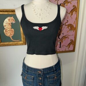 Black Cropped Tank Top with Heart and Wings